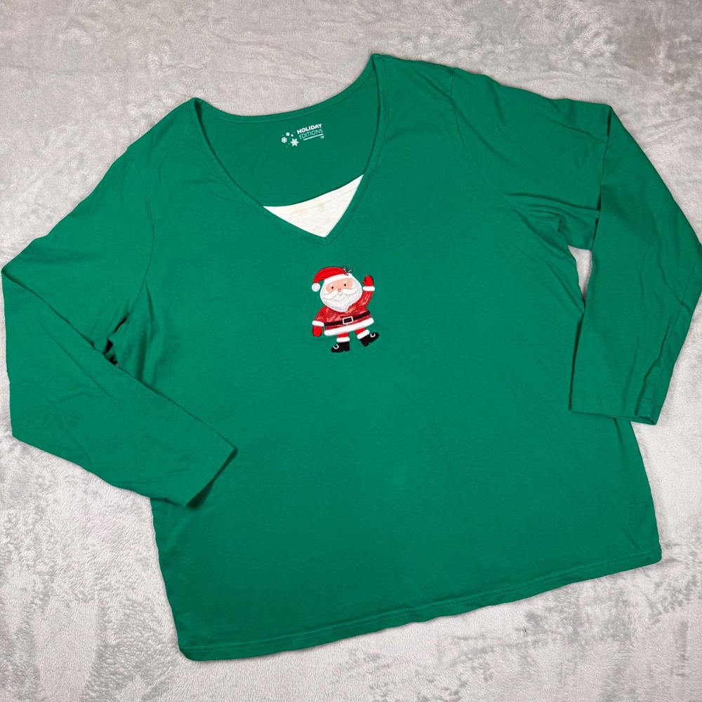 Holiday Editions Womens Green Santa Claus Embroidered V-Neck Top 1X Cotton